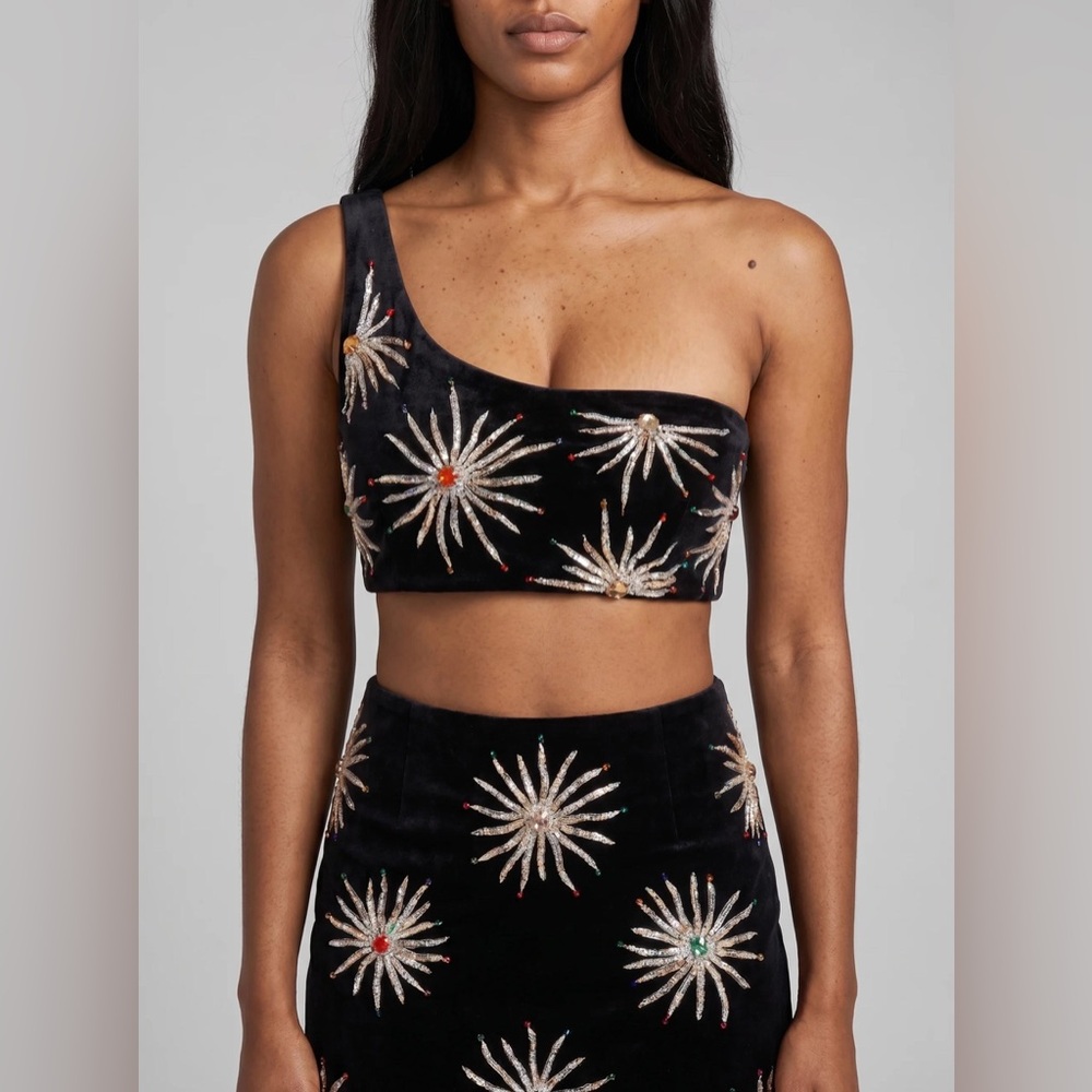 Black Sequin Sunburst Callie Co-ord One Shoulder Bikini Set - Picture 1 of 4
